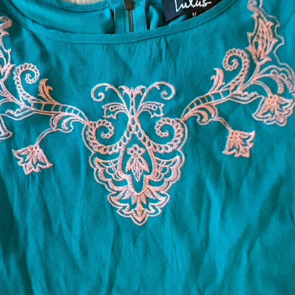 Lulus Tale To Tell Teal Embroidered Shift Dress Medium - Picture 5 of 8